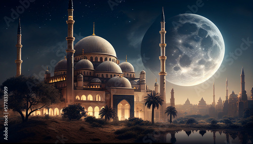 Realistic ramadan kareem, eid mubarak background with crescent moon and mosque, Generative AI