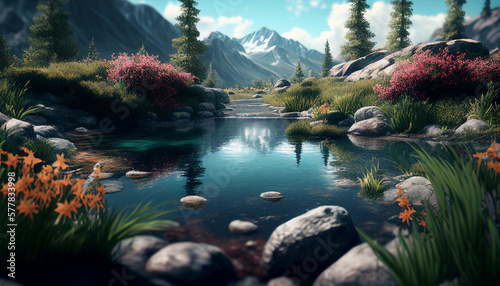 Realistic spring summer background with colorful trees and flowers, lake and mountains, Generative AI © drizzlingstarsstudio