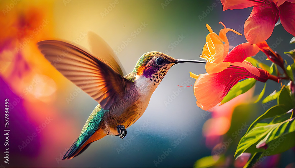 Fototapeta premium a colorful hummingbird flying in a garden and drinking from a hibiscus flower generative AI