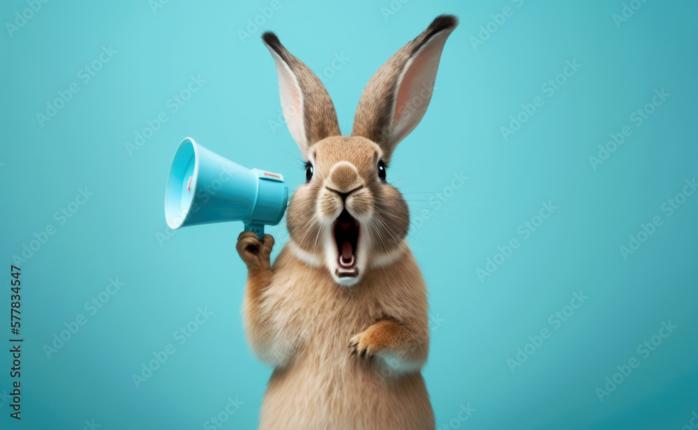 Easter Bunny holding megaphone and roaring. Easter advertising concept. Generative AI - obrazy, fototapety, plakaty 