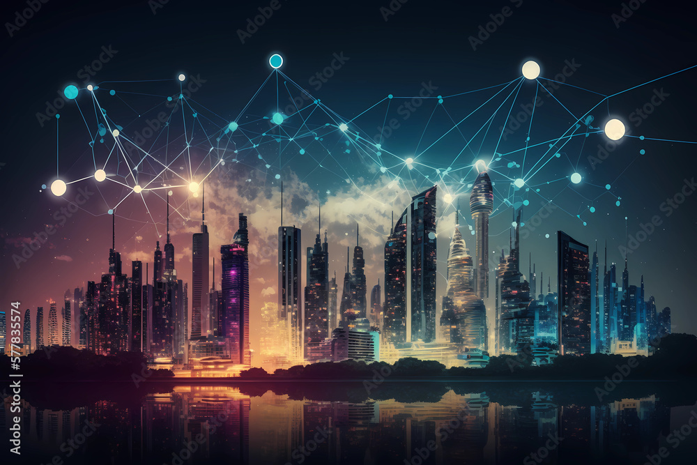 Modern cityscape and network connection concept. 3d rendering toned image double exposure. Generative AI.