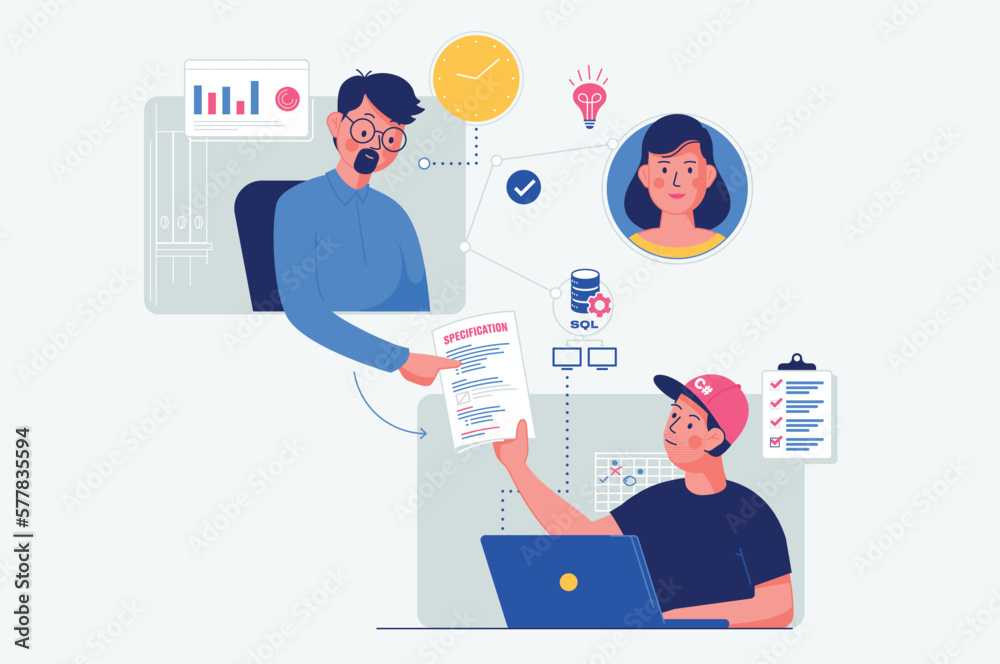 Working at home vector flat style illustration. Effective teamwork outside the office. Remote document sharing. Online career. Working on laptop or computer at home. Developers at home. Working at home vector flat style illustration. Effective teamwork outside the office. Remote document sharing. Online career. Working on laptop or computer at home. Developers at home.