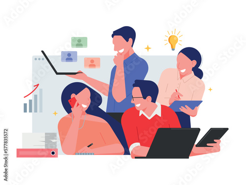 Startup colleagues work together. Business concept minimal illustration. Businessman and Businesswoman taking part in business activities. Teamwork in the office. Modern trendy concepts for web sites (ID: 577835572)