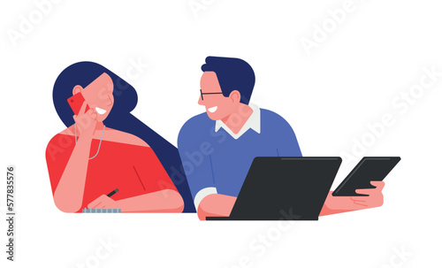 Colleagues work next to each other. Business concept minimal illustration. Men and women taking part in business activities. Teamwork in the office. Modern trendy concepts for web sites. (ID: 577835576)