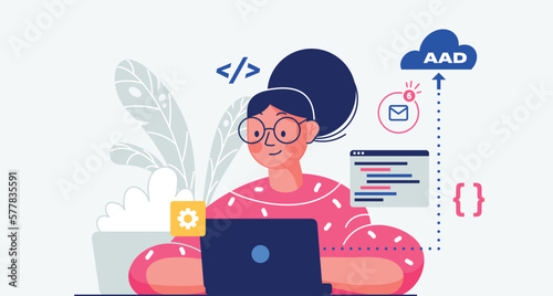 Woman working at home. Talking with colleagues online. Female remote developer career in minimal style. Co-working space illustration. E-learning or communication with artificial intelligence - AI. (ID: 577835591)