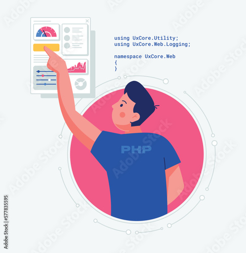 A male php programmer develops a website and tests the result. The boy learns a new programming language. Remote job opportunity. A masked employee pushes the yellow button.