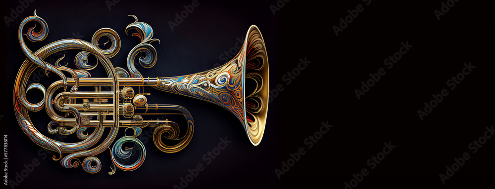 Music trumpet fictional instrument air decorated, horizontal banner black background with copy space for jazz music concert. Generative AI - obrazy, fototapety, plakaty 