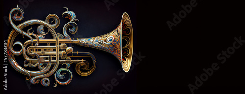 Music trumpet fictional instrument air decorated, horizontal banner black background with copy space for jazz music concert. Generative AI photo