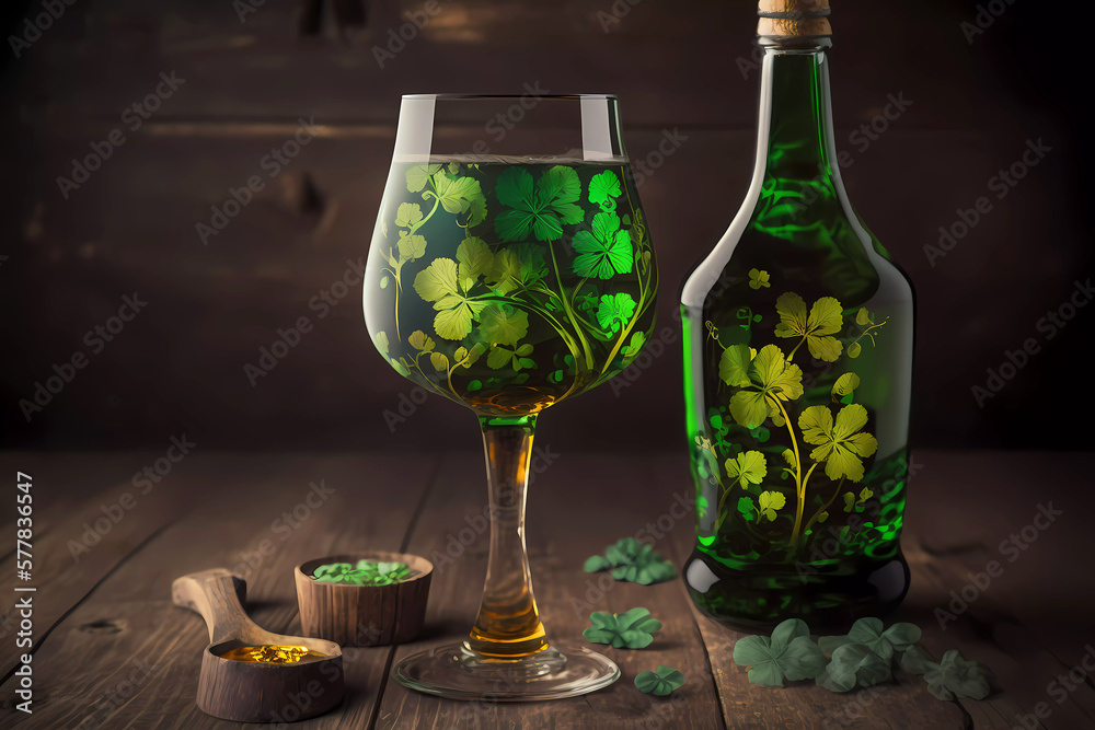Patrick's Day. Green drink on a wooden tabletop. Shamrock. Generative AI