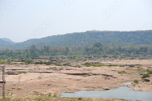 Mekong River is so dry that you can see the rocks.