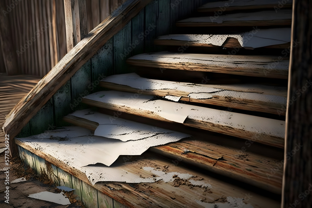 Wooden stairs with cracked paint. Generative AI