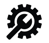 Monochrome icon. Isolated black gears with wrench. Vector illustration