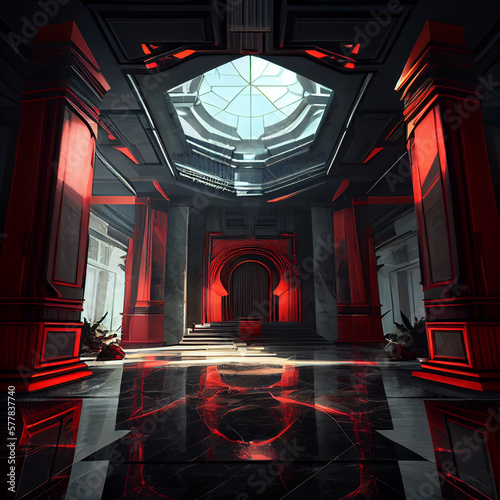 Large red, black marble bright interior, art deco, futuristic interior, dwarven architecture, scifi interior, epic, space station interior.