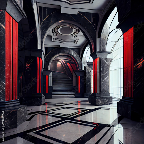Large red  blackm marble bright interior  art deco  futuristic interior  dwarven architecture  scifi interior  epic  space station interior.