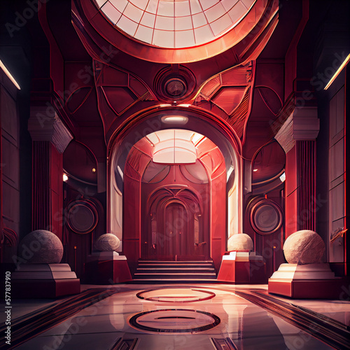 Large red marble bright interior, art deco, futuristic interior, dwarven architecture, scifi interior, epic, space station interior