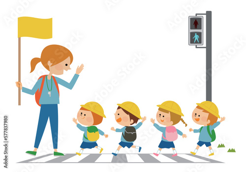 交通安全　横断歩道をわたる子供達のイラスト素材