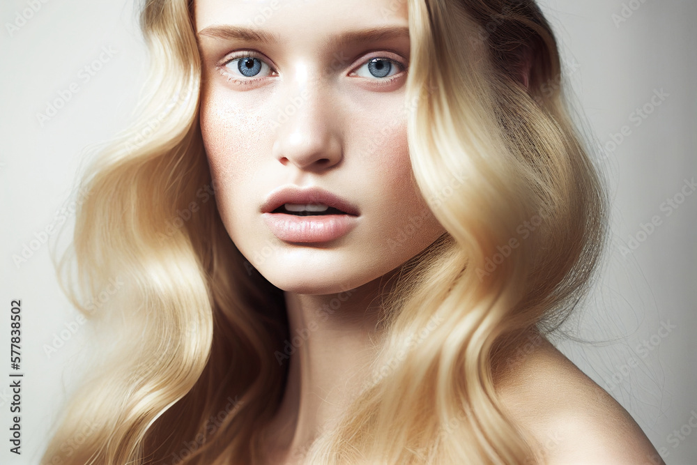 Portrait of young beautiful and natural blonde woman with wavy hairstyle. Digitally AI generated image.