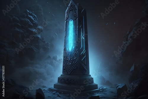 Futuristic fantasy ancient obelisk of fairytale civilization. Neural network AI generated art