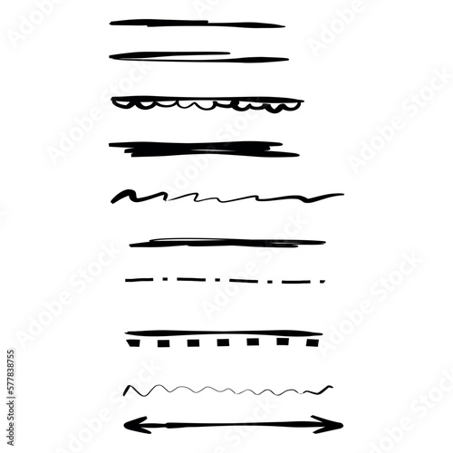 hand drawn set of black vector underlines on a white background