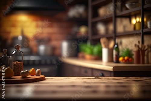 Empty wood table over defocused kitchen background, Generative AI