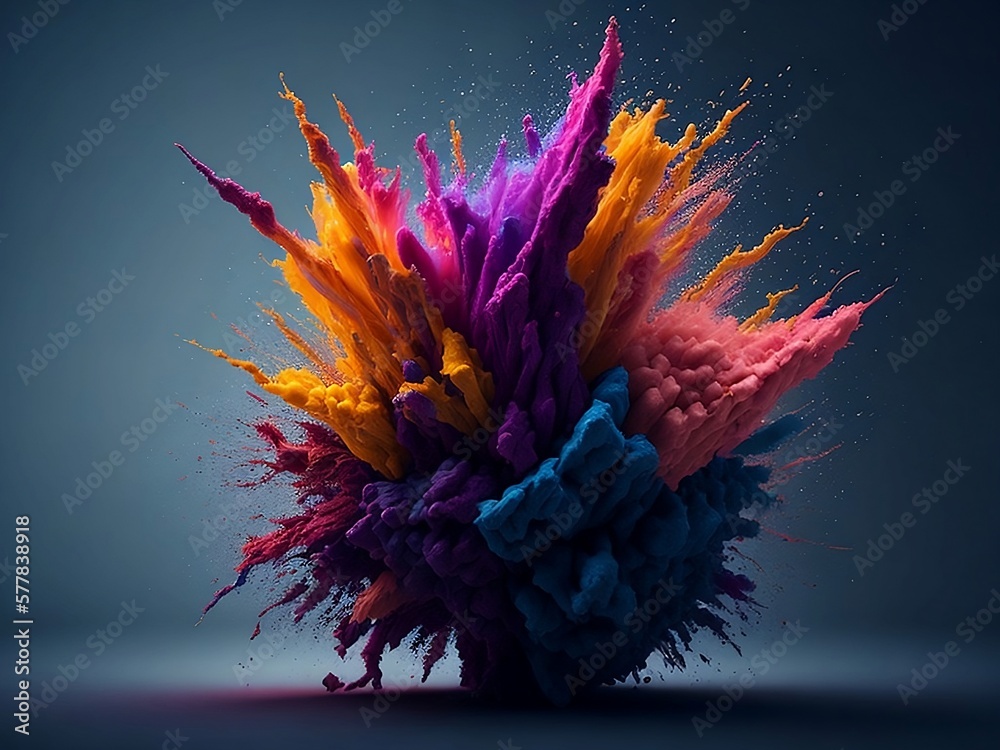An explosion of colored powder on a dark background. The colored powder is the main star of the Holi festival, the traditional festival of Gulal. generative ai