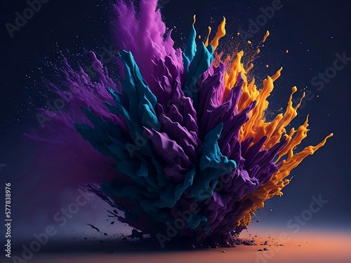 An explosion of colored powder on a dark background. The colored powder is the main star of the Holi festival, the traditional festival of Gulal. generative ai