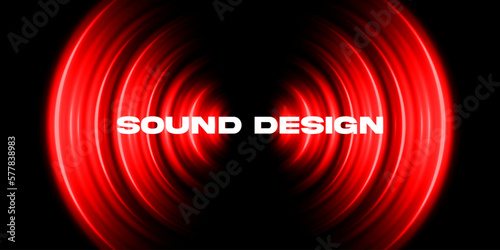 Dark music background with oscillating red light circle sound waves. Visualization of the drums and beats. Audio equalizer EQ. Vinyl record. Vector glowing round waves light effect.