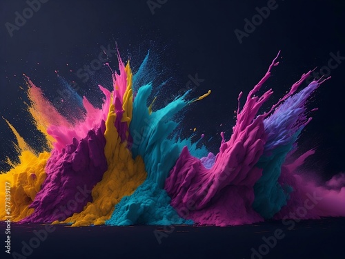 An explosion of colored powder on a dark background. The colored powder is the main star of the Holi festival, the traditional festival of Gulal. generative ai photo