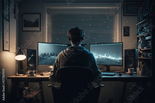 Wallpaper Mural The freelancer works at home at the computer. View from the back, from the back. A man plays computer games. AI Generative Torontodigital.ca