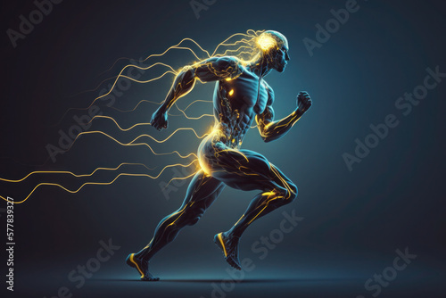 The man runs in motion. Human Brain and Body. Glowing Blue Lines. Neural Connections. Artificial Intelligence, Cyberspace. AI Generative © Svetlana