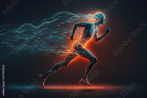 The man runs in motion. human brain and body. glowing Green lines. neural connections. artificial intelligence, cyberspace. AI Generative © Svetlana