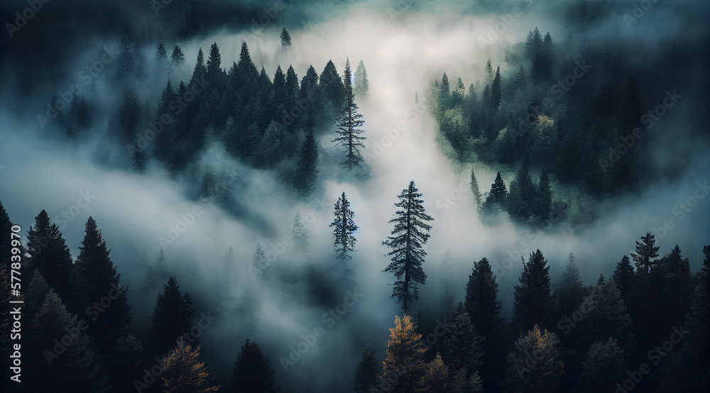 Foggy forest, top view. Generative AI.