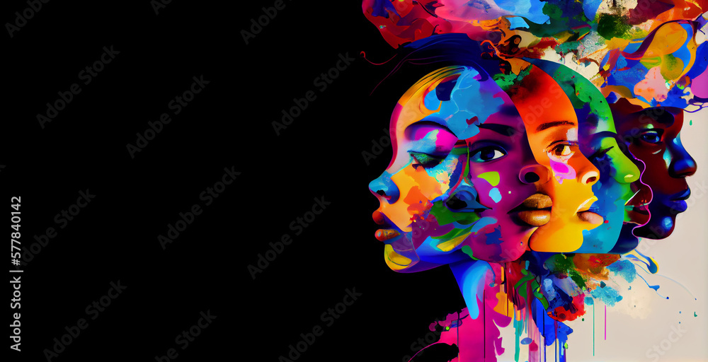 Fototapeta premium Multi-ethnic women with different colors. Banner of diversity, independence and equality. AI generative.