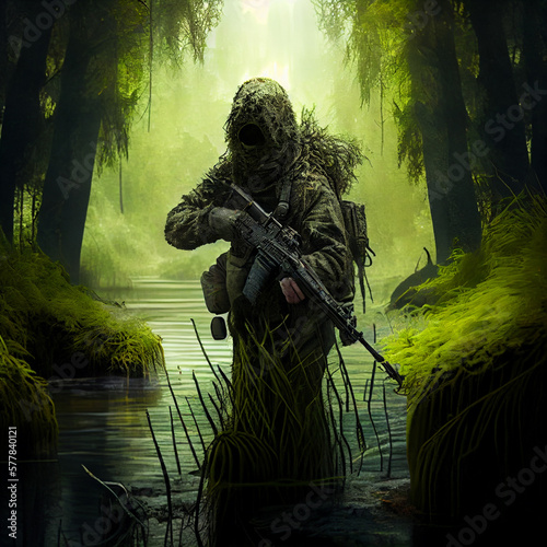 Special forces soldier dressed in ghillie camouflage with a rifle. AI generative. photo