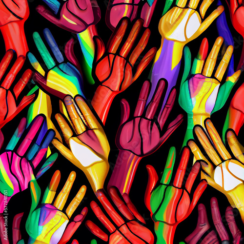 Different colorful hands. Diversity of nationalities. AI generative.