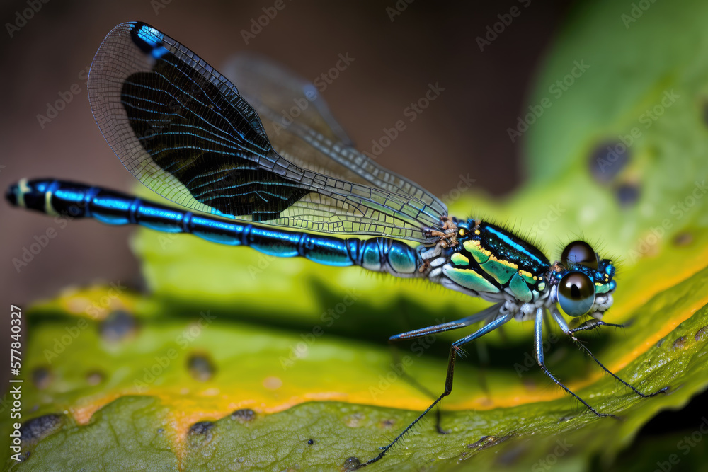 closeup of a blue tail dragonfly on a green leaf. Generative AI