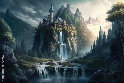a fantasy castle like from a fairy tale on a beautiful mountain with waterfalls. Generative AI