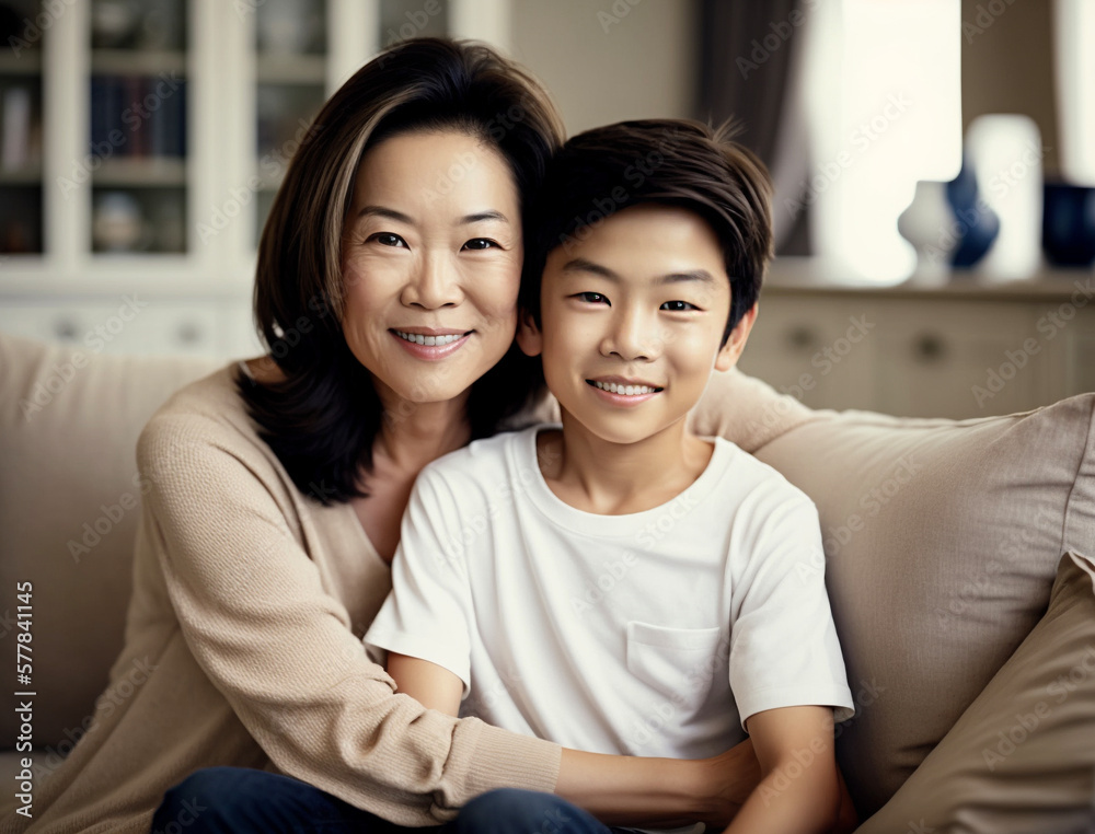 Portrait of Asian mother and son sitting close together on sofa, looking at the camera and smiling. Illustration created with Generative AI technology. Portrait of Asian mother and son sitting close together on sofa, looking at the camera and smiling. Illustration created with Generative AI technology.