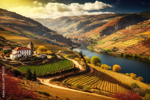 landscape image of a wine country under dramatic sky with a river in the valley. Generative AI