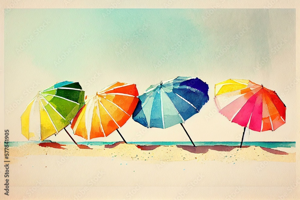 A row of colorful beach umbrellas, watercolour style generative AI