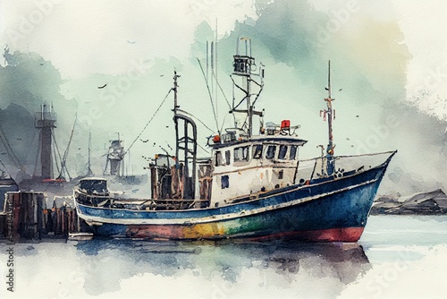 A fishing boat in a harbor, watercolour style generative AI