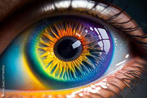 An eye with a rainbow iris. Ai llustration, fantasy digital, artificial intelligence