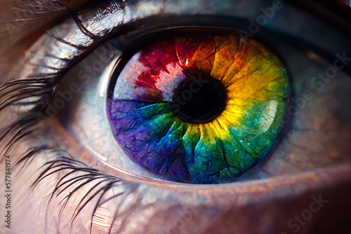 An eye with a rainbow iris. Ai llustration, fantasy digital, artificial intelligence