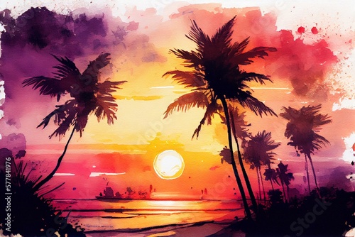 A beach sunset with palm trees, watercolour style generative AI