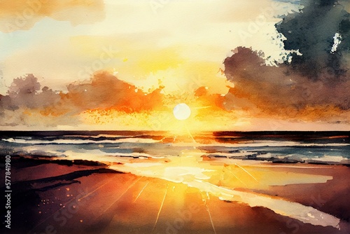 A beach sunrise over the water, watercolour style generative AI
