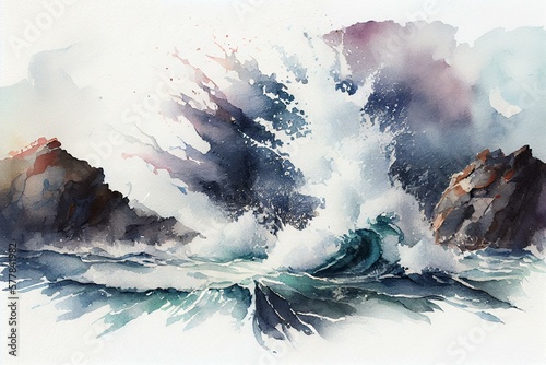 A wave crashing against rocks, watercolour style generative AI