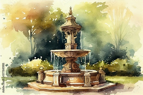 A water fountain in a park, watercolour style generative AI photo