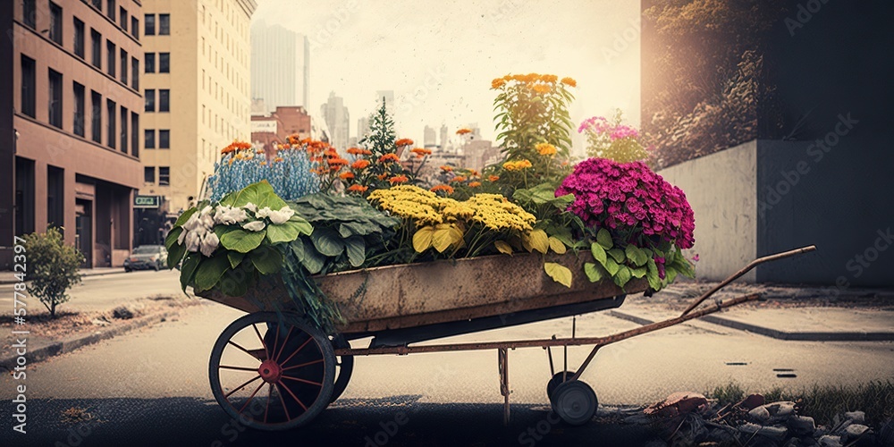 Vintage wheelbarrow filled with flowers in cityscape, concept of Rustic Charm and Urban Garden, created with Generative AI technology