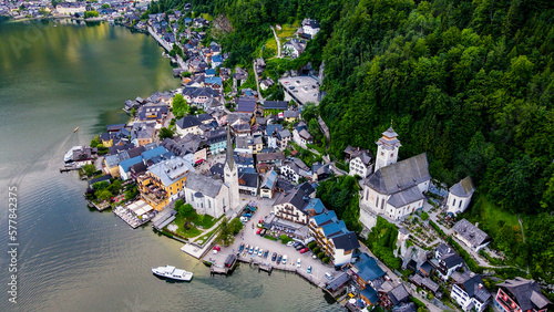 Aerial view of austrian mountain village Hallstatt and Hallstatter lake. Beautiful summer time