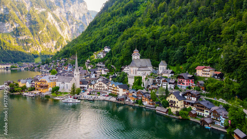 Aerial view of Hallstatt village, mountains background in Austria Stock Photos and Images - drone view